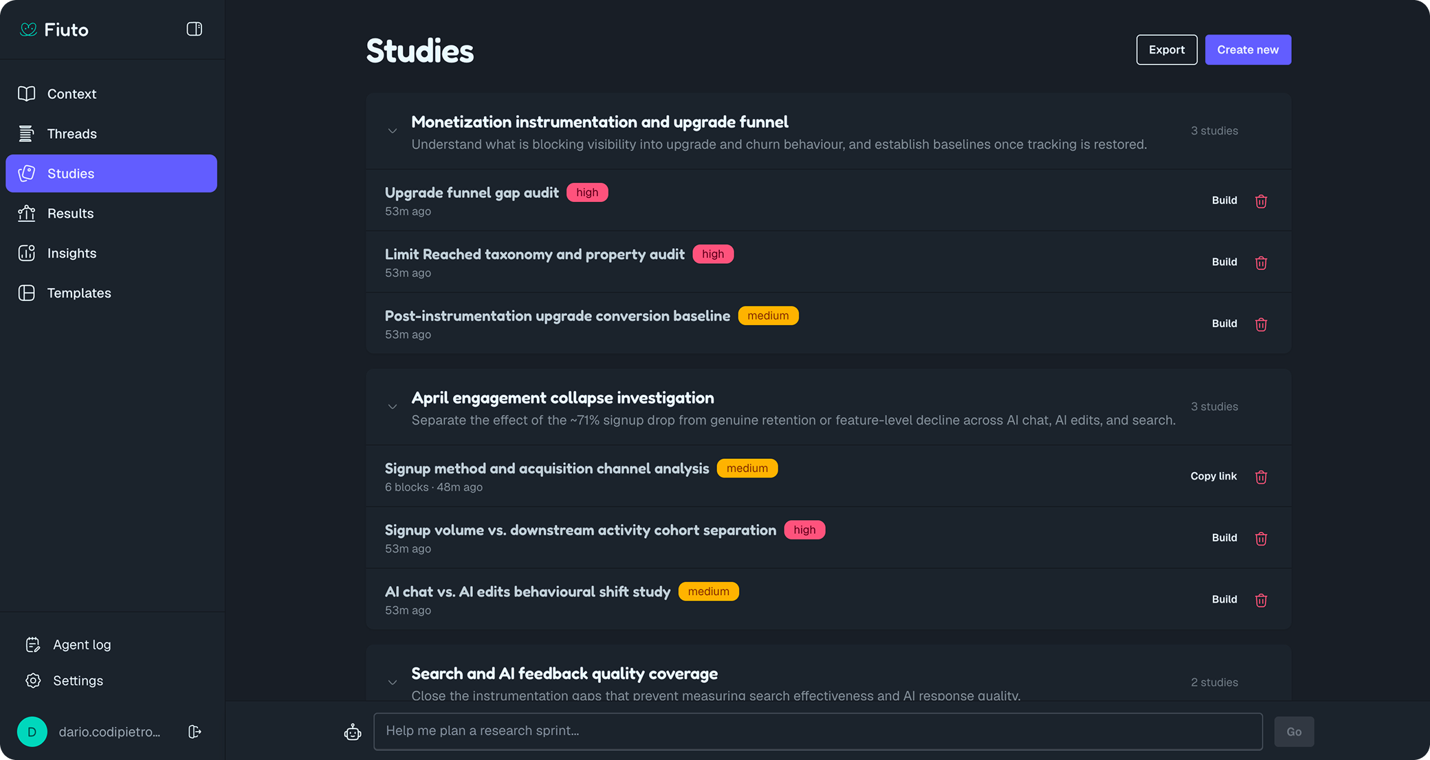 Fiuto study builder showing study groups, priorities, and build actions